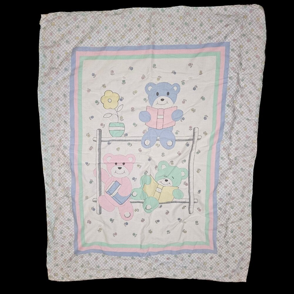 VTG 80s Hand Stitched Baby‎ Quilt Blanket Hearts Teddy Bears Reading Books